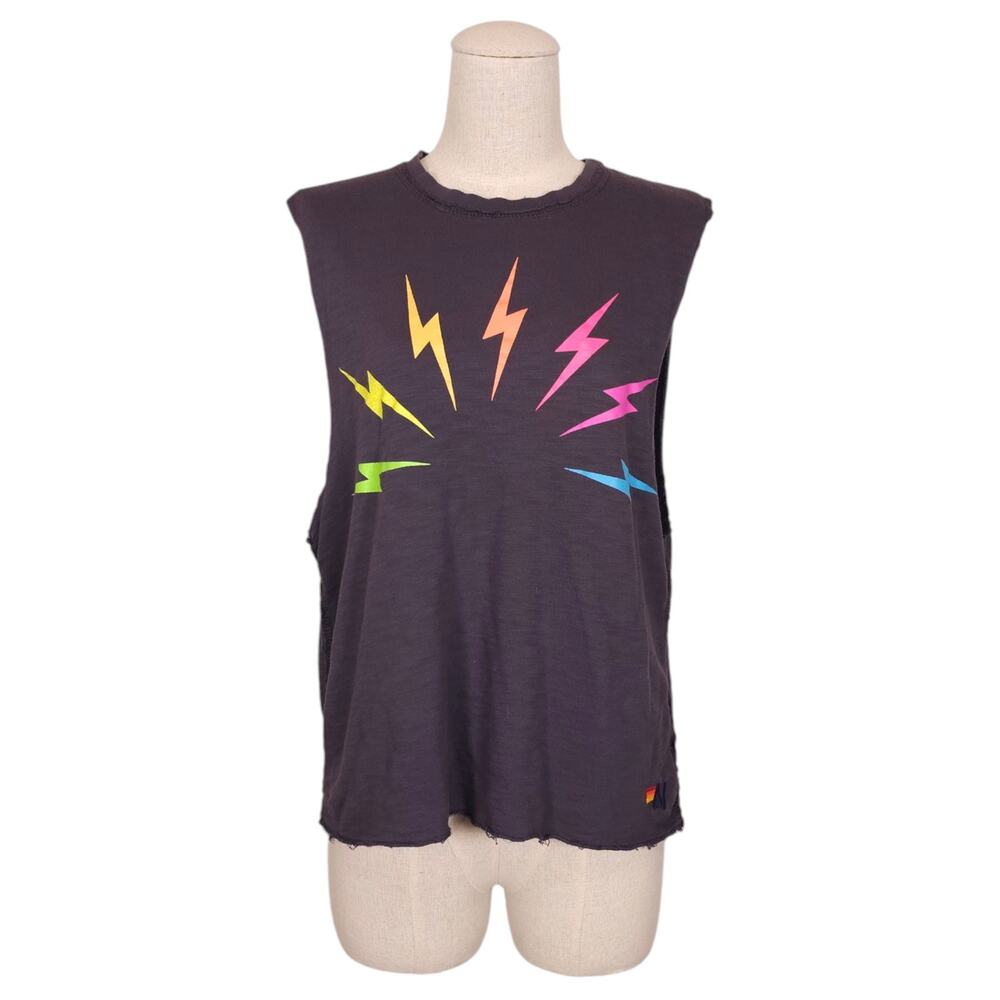 Aviator Nation Rainbow Lightning Bolt Muscle Tank Gray Sz Large